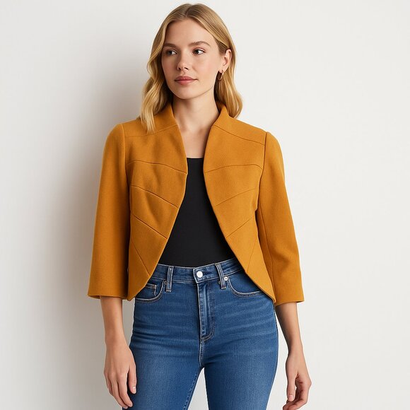 Anthropologie Tabitha Mustard Cropped Wool Blend Blazer Bolero Jacket Size 2 - Picture 1 of 7